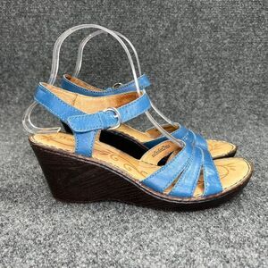 Born Wedge Sandals Women's Size 8 Blue Leather‎ Brown Buckle Ankle Wrap Shoes